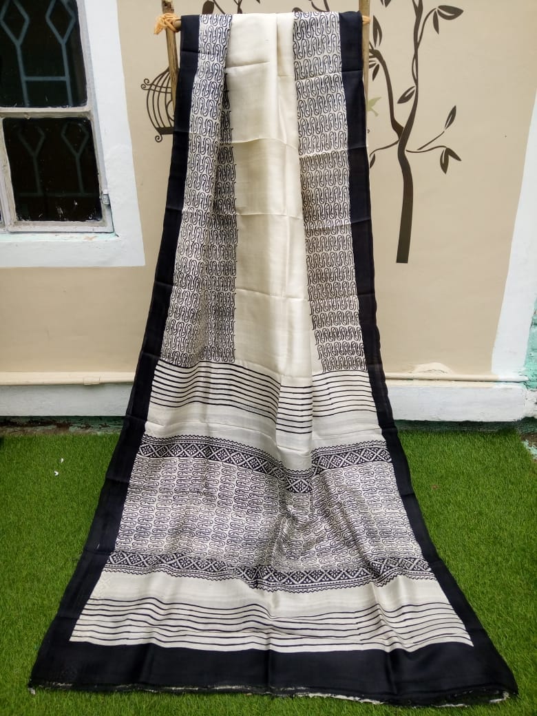 Beige Black Pure Silk Mark Certified Murshidabad Silk Sarees - Dailybuyys