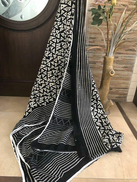 Grey Black Bagru Printed Pure Cotton Sarees - Dailybuyys