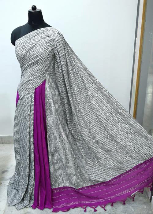 Grey Purple Pure Cotton Khesh Sarees - Dailybuyys