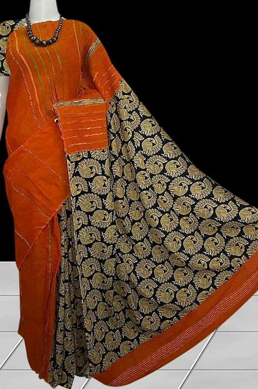 Orange Pure Cotton Khesh Sarees - Dailybuyys