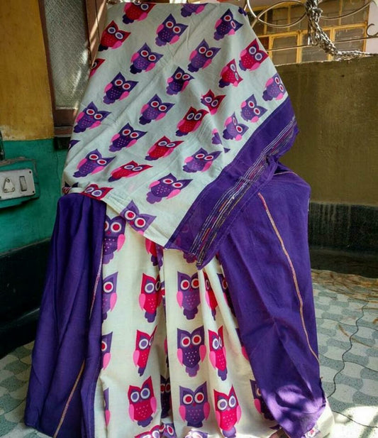 Violet Beige Pure Cotton Khesh Sarees - Dailybuyys