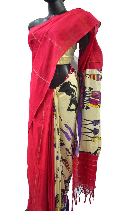 Red Pure Cotton Khesh Sarees - Dailybuyys