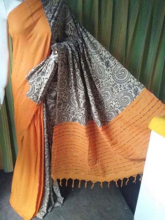 Orange Beige Pure Cotton Khesh Sarees - Dailybuyys