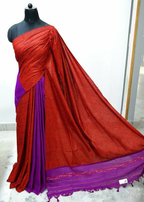 Red Violet Pure Cotton Khesh Sarees - Dailybuyys