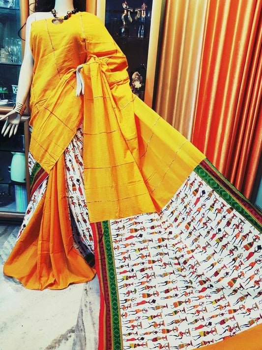 Yellow Beige Pure Cotton Khesh Sarees - Dailybuyys