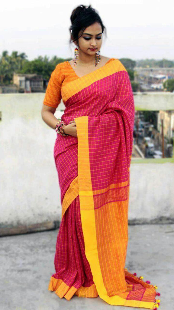 Purple Yellow Bengal Handloom Khadi Sarees