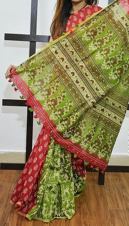 Red Green K.K Handloom Pure Cotton Silk Sarees - Dailybuyys