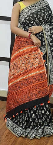 Black Orange K.K Handloom Pure Cotton Silk Sarees