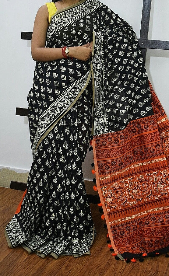 Black Orange K.K Handloom Pure Cotton Silk Sarees - Dailybuyys