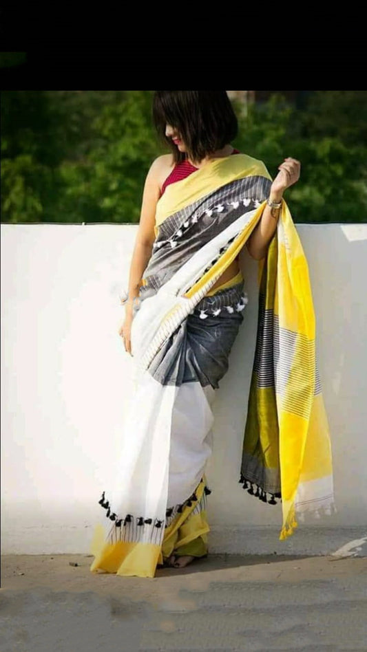 Grey Yellow Khadi Sarees - Dailybuyys