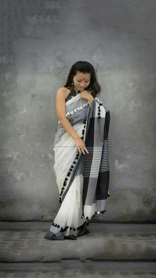 Grey White Khadi Sarees - Dailybuyys