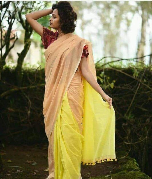 Beige Yellow Khadi Sarees - Dailybuyys