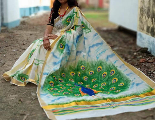 Beige Kerala Pure Cotton Sarees - Dailybuyys