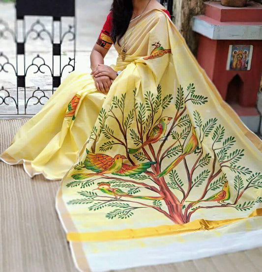 Yellow Kerala Pure Cotton Sarees - Dailybuyys