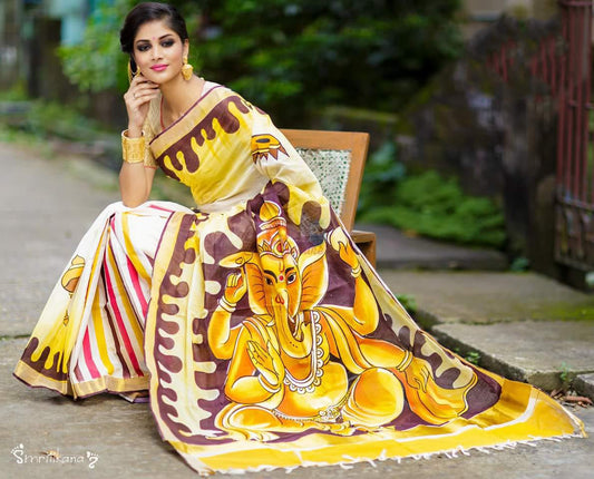Beige Yellow Kerala Pure Cotton Sarees - Dailybuyys
