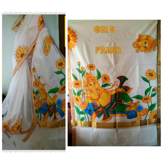 Beige KK Kerala Pure Cotton Sarees - Dailybuyys