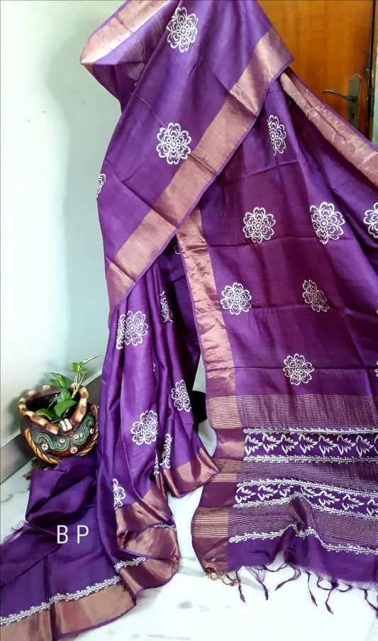 Violet KK  Block Printed Zari Border Pure Silk Mark Certified Tussar Silk Sarees - Dailybuyys