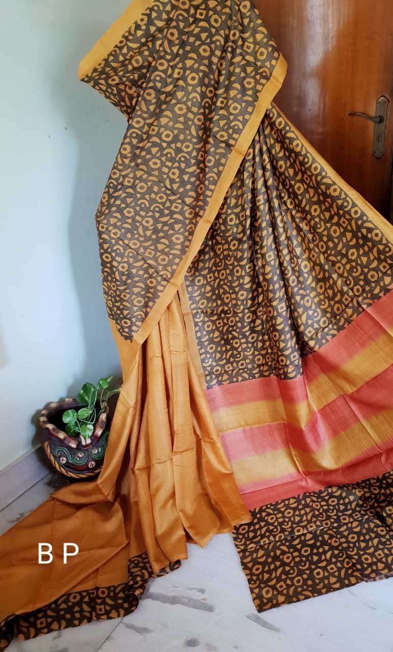 Brown Yellow KK  Block Printed Zari Border Pure Silk Mark Certified Tussar Silk Sarees - Dailybuyys