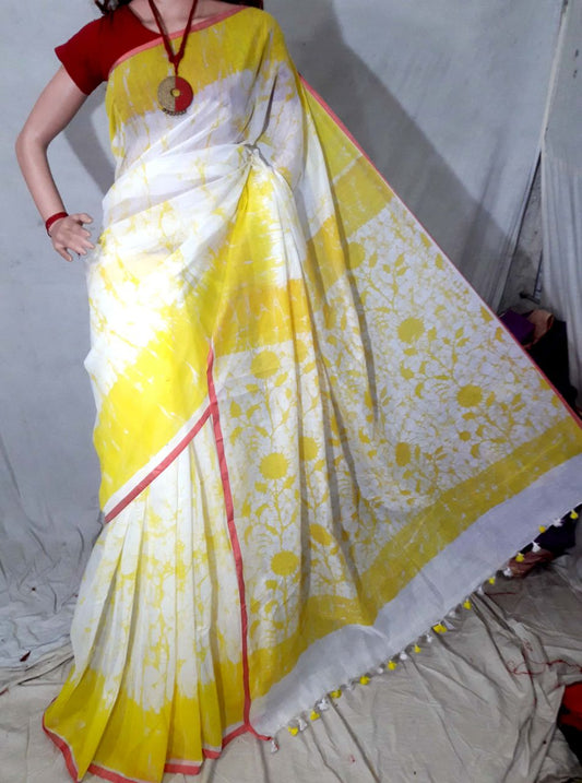 Yellow Beige Pure Cotton Silk Sarees - Dailybuyys