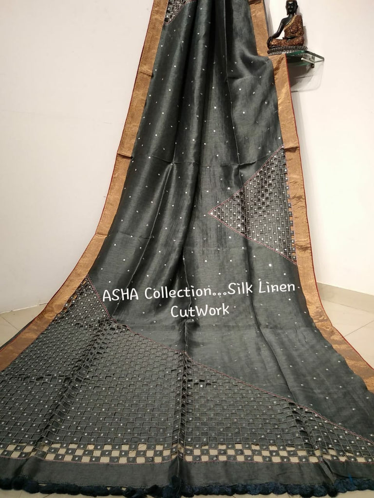 Black KK Pure Linen Sarees  1