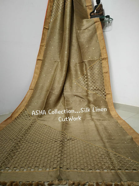 Beige KK Pure Linen Sarees