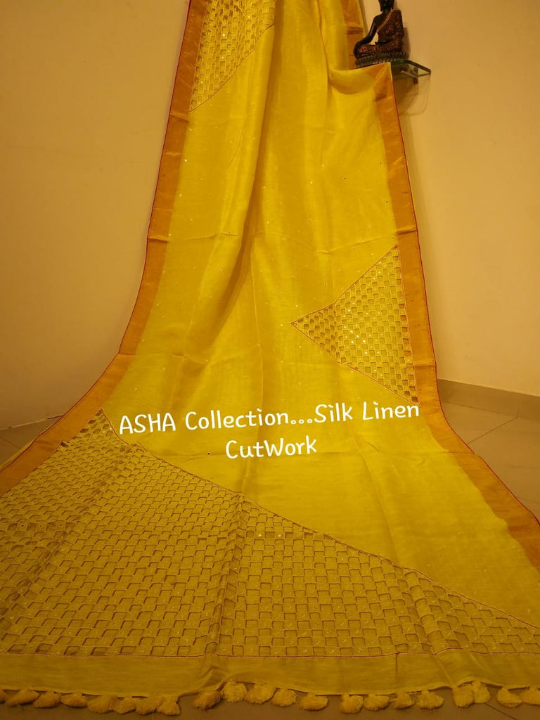 Yellow KK Pure Linen Sarees