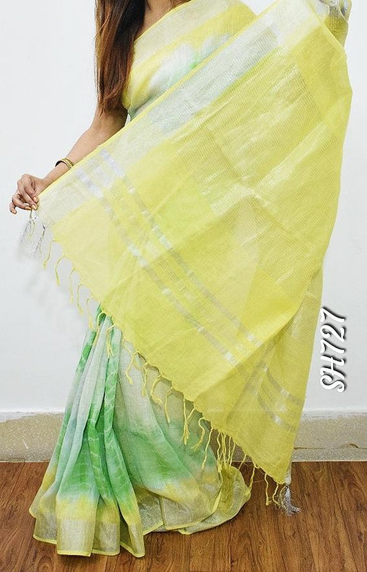 Yellow Green Shibori KK Pure Linen Sarees - Dailybuyys