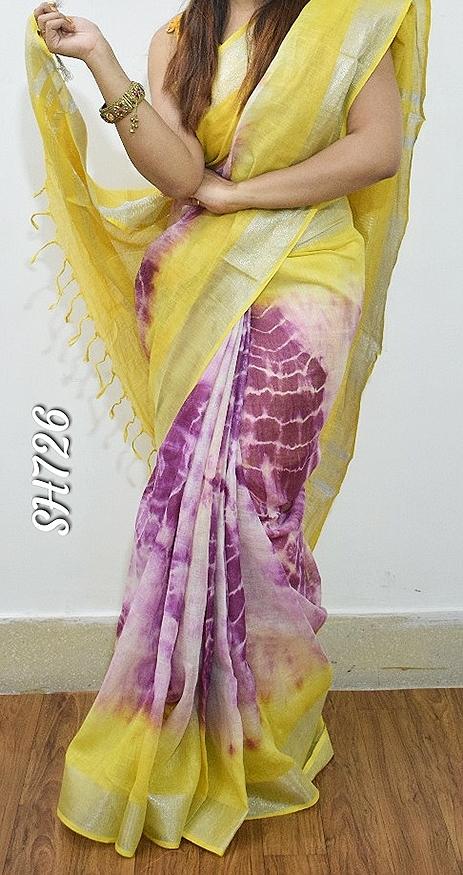 Yellow Purple Shibori KK Pure Linen Sarees - Dailybuyys