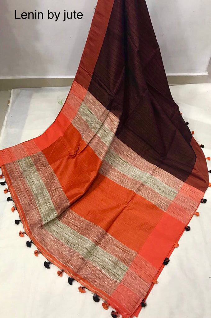 Black Orange Pure Linen Sarees