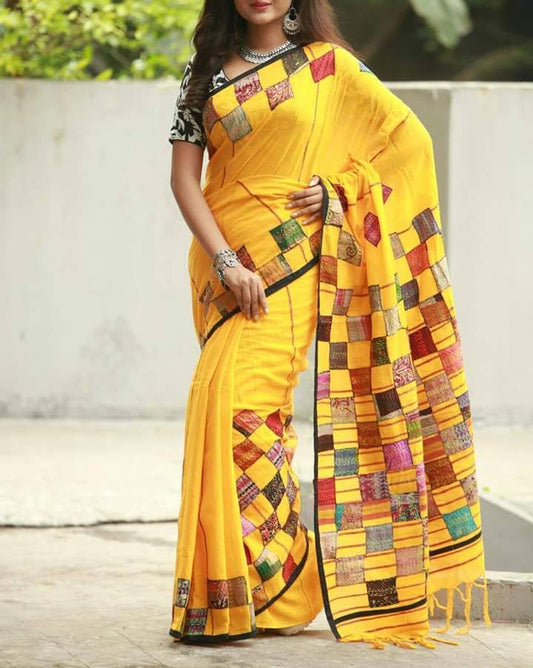 Yellow Pure Cotton Khesh Sarees - Dailybuyys