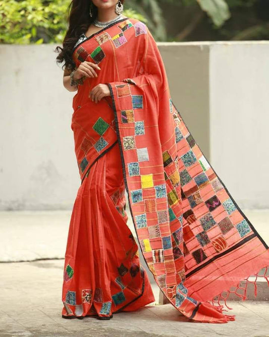 Orange Pure Cotton Khesh Sarees - Dailybuyys