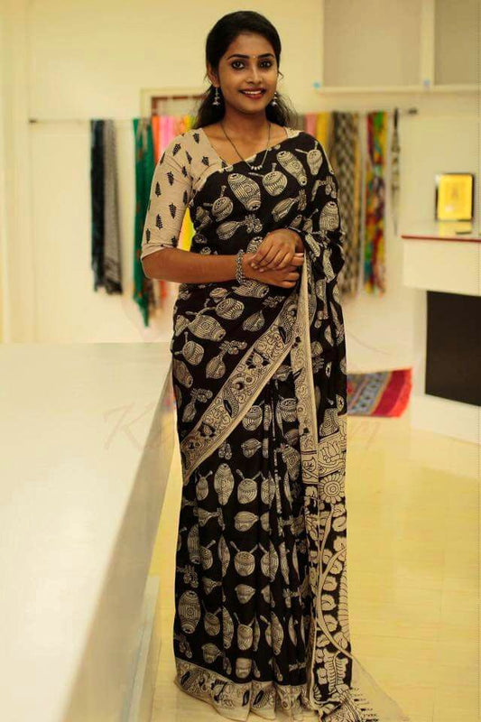 Black Beige Kalamkari Sarees - Dailybuyys