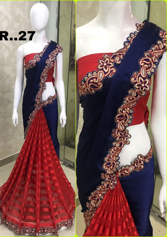 Blue Red Georgette Sarees - Dailybuyys