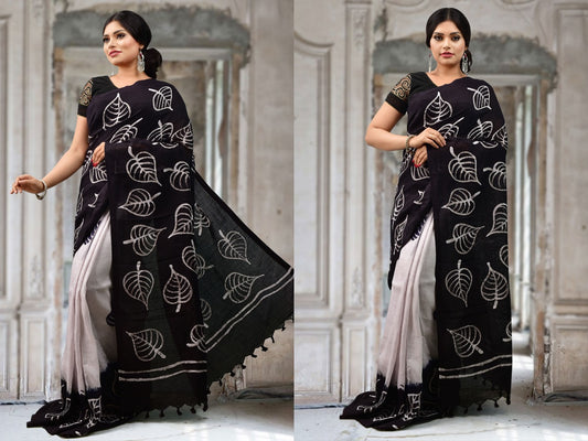 Black White Batik Pure Linen Sarees - Dailybuyys