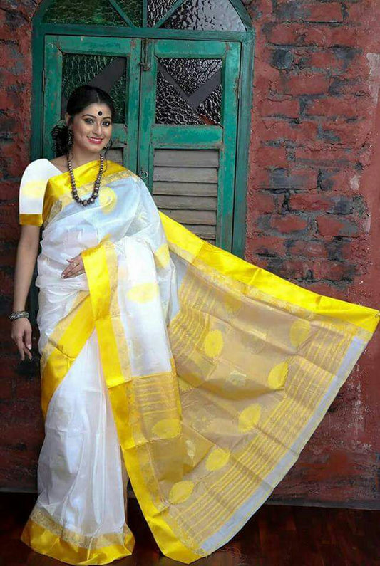 Yellow Beige  Block Printed Pure Silk Mark Certified Tussar Silk Sarees - Dailybuyys