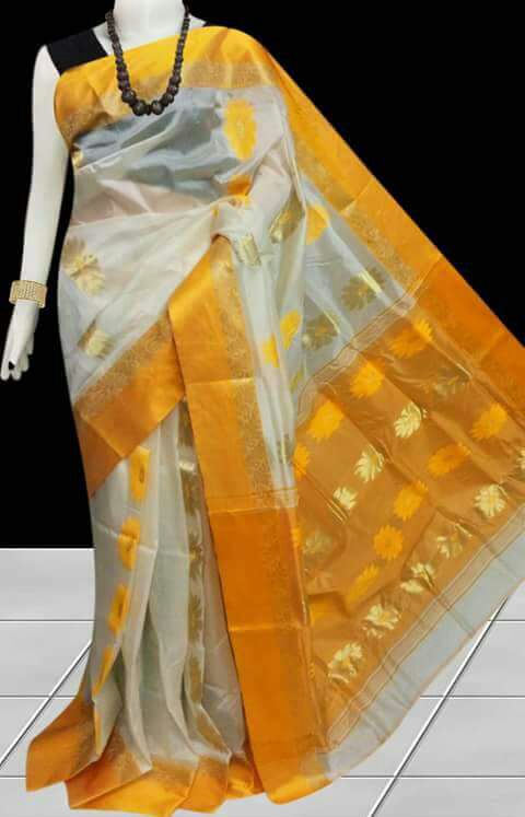 Yellow Beige Block Printed  Pure Silk Mark Certified Tussar Silk Sarees - Dailybuyys