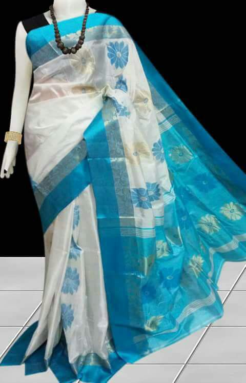 Blue Beige  Block Printed Pure Silk Mark Certified Tussar Silk Sarees