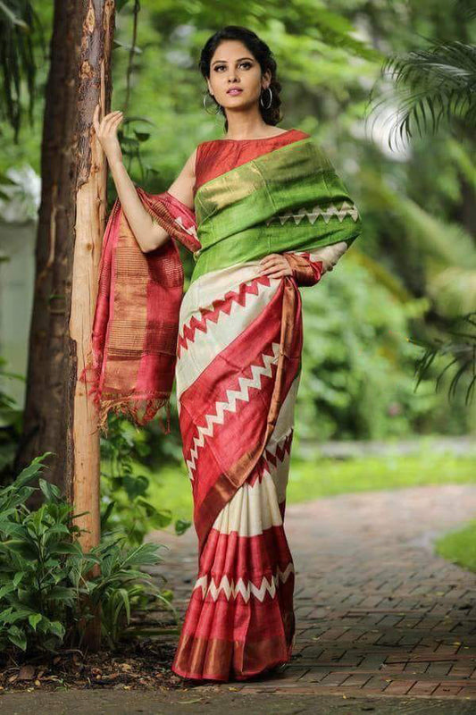 Red Beige Zari  Block Printed Zari Border Pure Silk Mark Certified Tussar Silk Sarees - Dailybuyys