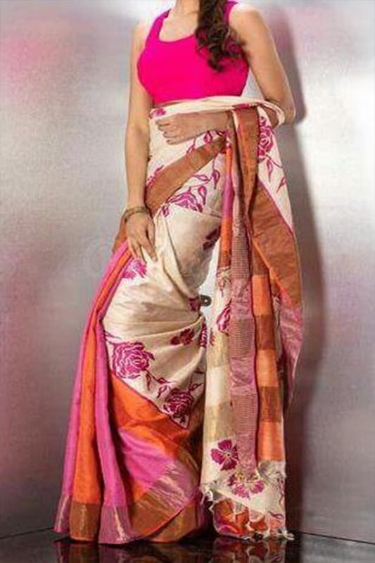 Beige Orange  Block Printed Zari Border Pure Silk Mark Certified Tussar Silk Sarees - Dailybuyys