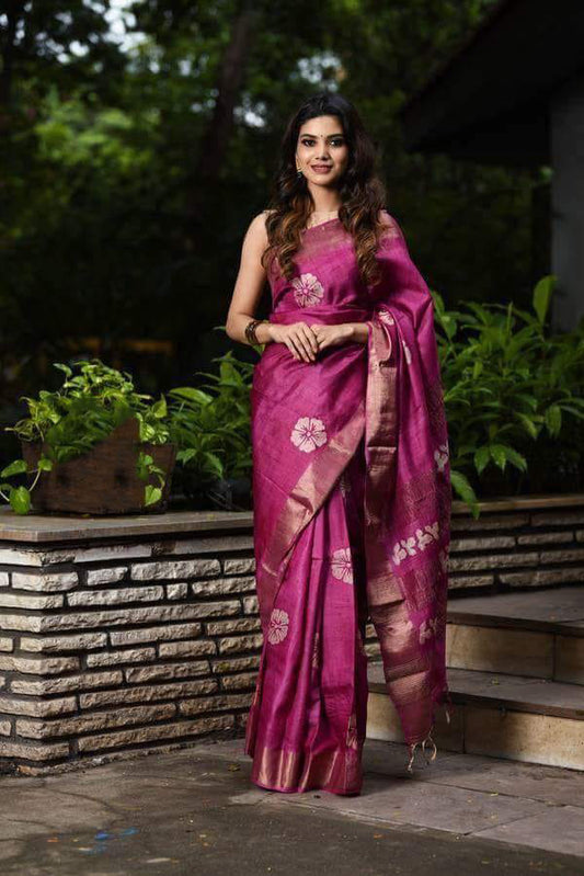Purple Zari  Block Printed Zari Border Pure Silk Mark Certified Tussar Silk Sarees - Dailybuyys