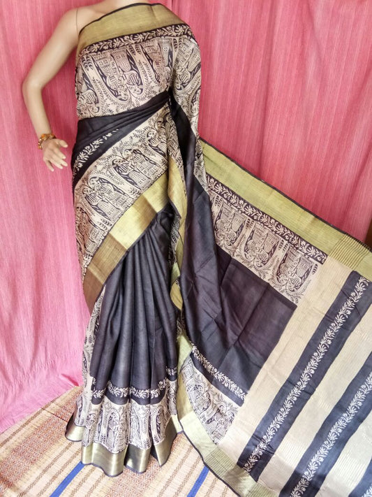 Grey Beige Zari  Block Printed Zari Border Pure Silk Mark Certified Tussar Silk Sarees - Dailybuyys