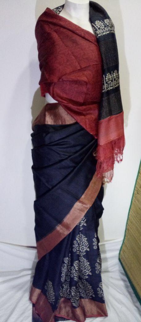 Blue Maroon Block Printed Zari Border Pure Silk Mark Certified Tussar Silk Sarees - Dailybuyys