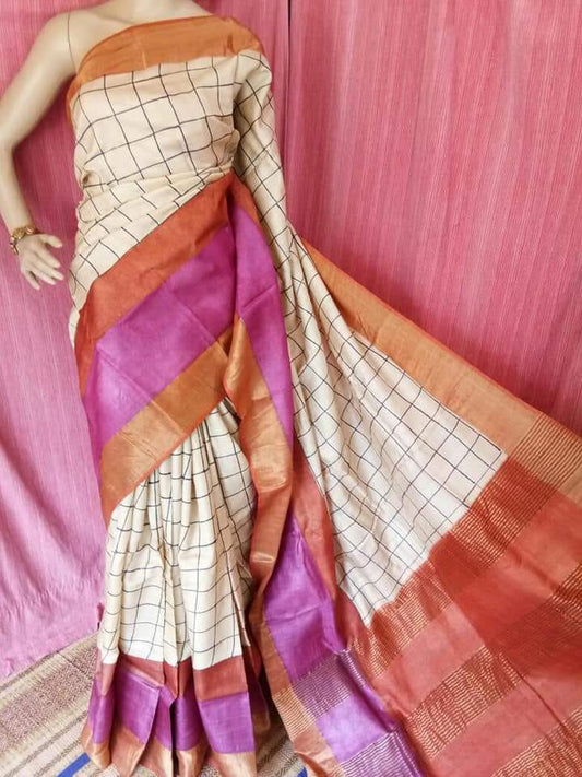 Beige Purple  Block Printed Zari Border Pure Silk Mark Certified Tussar Silk Sarees - Dailybuyys