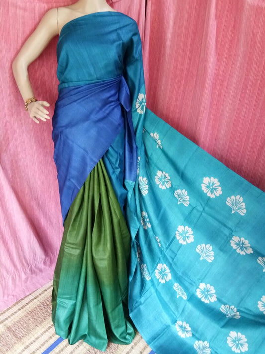 Blue Green  Block Printed Zari Border Pure Silk Mark Certified Tussar Silk Sarees - Dailybuyys