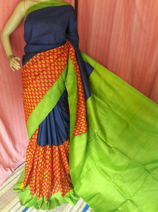 Orange Green Zari  Block Printed Zari Border Pure Silk Mark Certified Tussar Silk Sarees - Dailybuyys