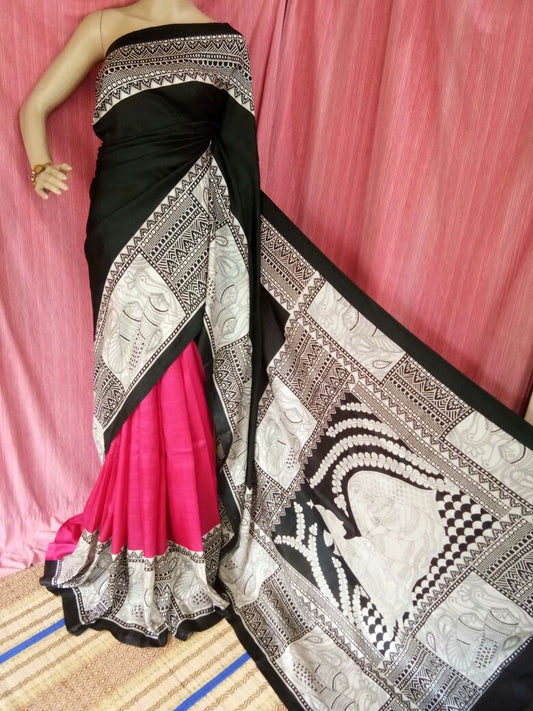 Black Pink  Block Printed Zari Border Pure Silk Mark Certified Tussar Silk Sarees - Dailybuyys