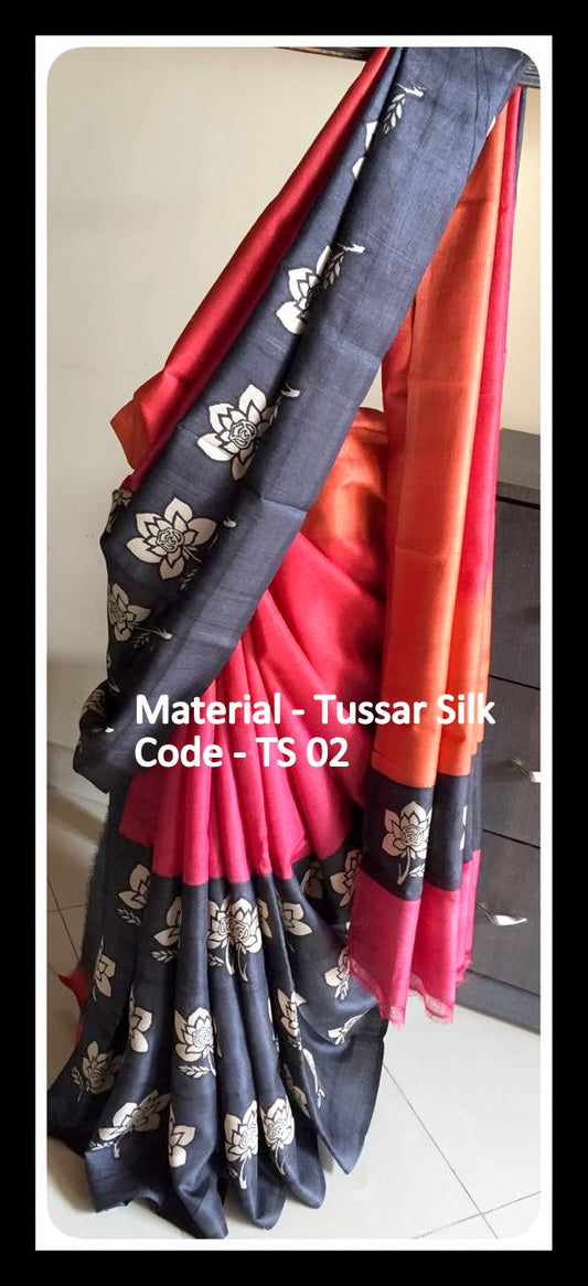 Red Blue Zari  Block Printed Zari Border Pure Silk Mark Certified Tussar Silk Sarees - Dailybuyys