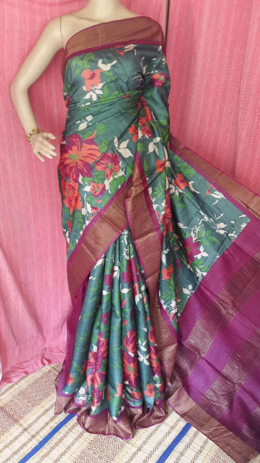 Green Maroon Zari Hand Printed  Zari Border Pure Silk Mark Certified Tussar Silk Sarees - Dailybuyys
