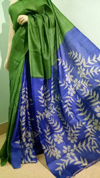 Green Blue Zari Block Printed  Zari Border Pure Silk Mark Certified Tussar Silk Sarees