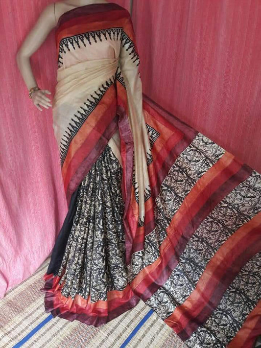 Beige Red  Block Printed Zari Border Pure Silk Mark Certified Tussar Silk Sarees - Dailybuyys